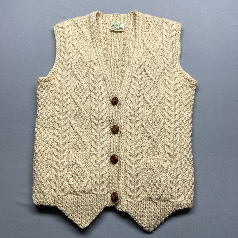 Vintage Glencraft Handknits Ireland Wool Aran Cable Knit Sweater Vest Cream 70s
